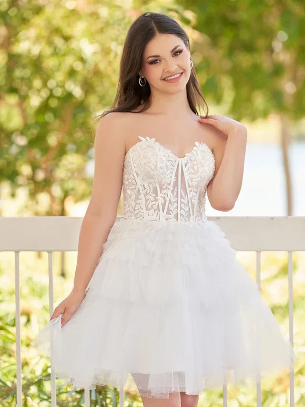 Charming Sweetheart White Lace Design A-line Strapless Homecoming Dress TP3623