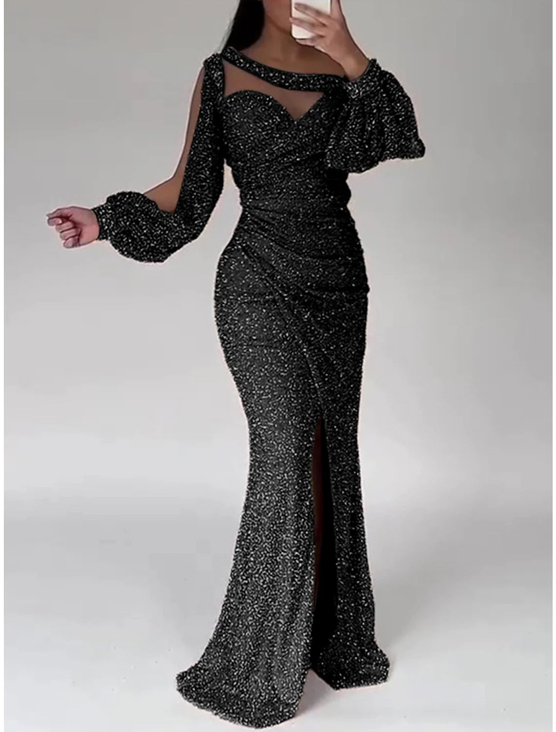 Mermaid Dress Evening Gown Christmas Red Green Dress Formal Sweep / Brush Train Long Sleeve Scoop Neck Sequined with Glitter Ruched Slit 2026