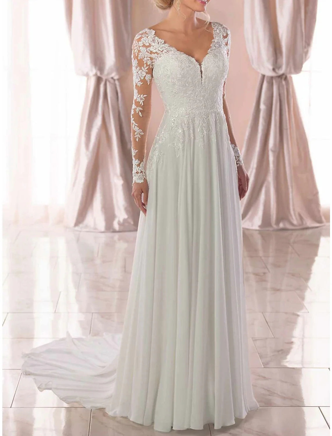 A-Line Prom Dresses Elegant Dress Wedding Guest Wedding Party Sweep / Brush Train Long Sleeve V Neck Chiffon with Appliques