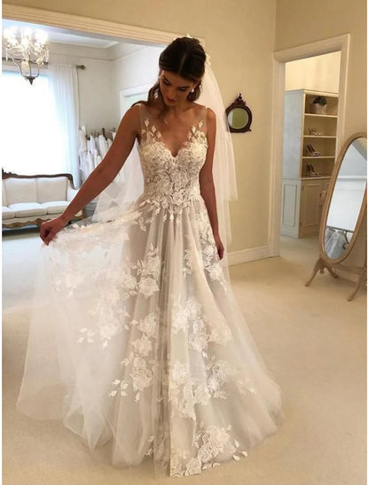 Beach Boho Wedding Dresses A-Line V Neck Sleeveless Sweep / Brush Train Lace Bridal Gowns With Appliques Summer Fall Wedding Party Women‘s Clothing