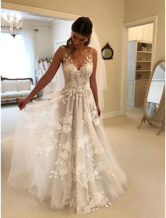 Beach Boho Wedding Dresses A-Line V Neck Sleeveless Sweep / Brush Train Lace Bridal Gowns With Appliques Summer Fall Wedding Party Women‘s Clothing