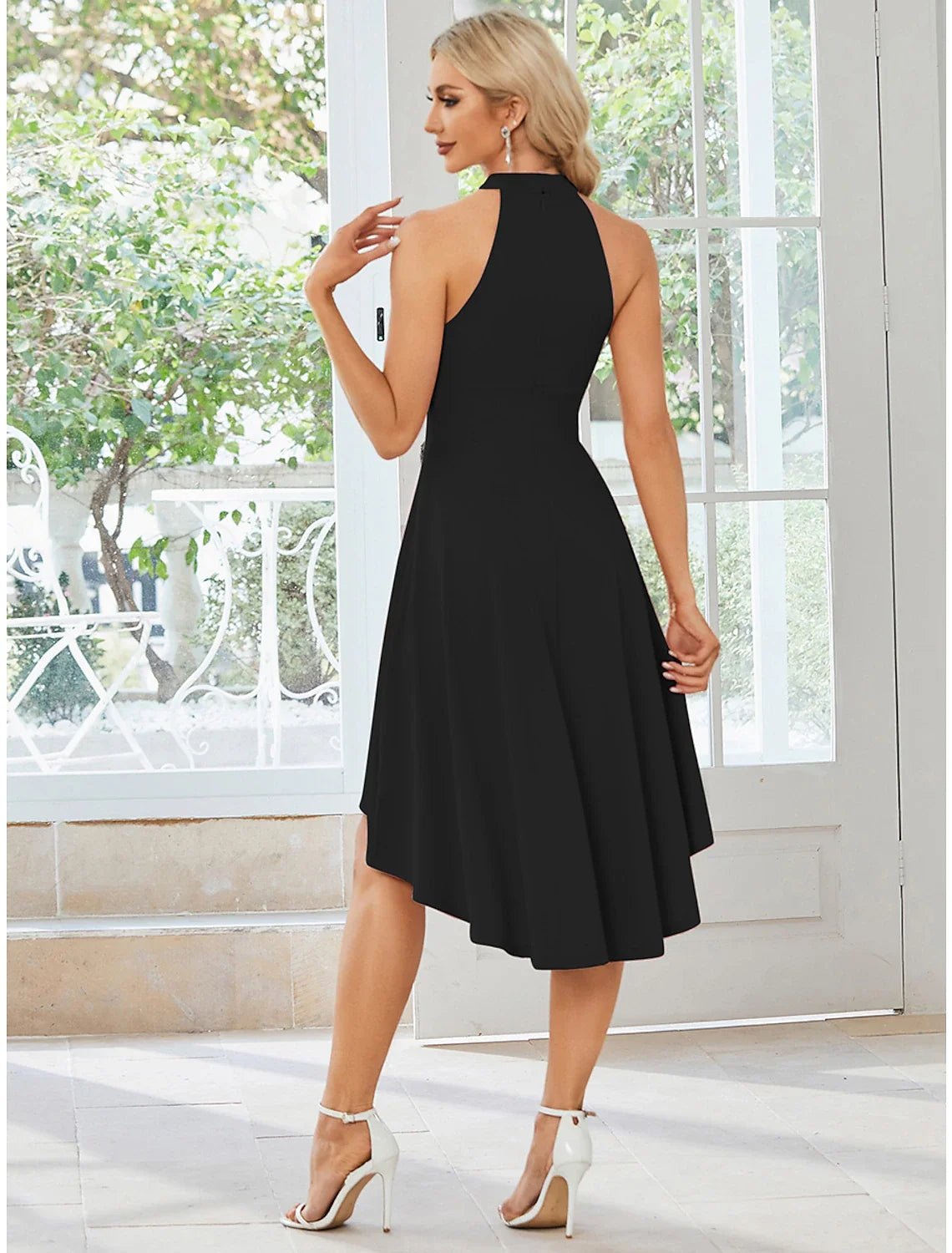 A-Line Wedding Guest Dresses Casual Dress Party Wear Wedding Party Asymmetrical Sleeveless Halter Neck Fabric with Pleats Pure Color
