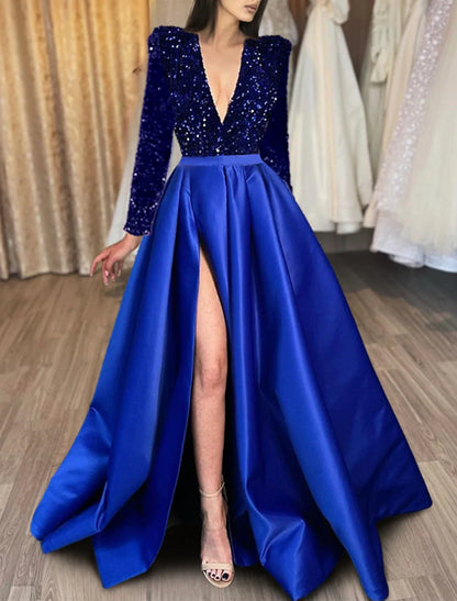 A-Line Evening Gown Red Green Dress Formal Black Dress Plus Size Wedding Court Train Half Sleeve V Neck Satin with Sequin Slit