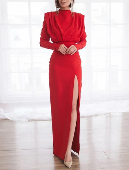 Sheath Evening Gown Elegant Dress Formal Red Green Dress Floor Length Long Sleeve High Neck Fabric with Ruched Slit