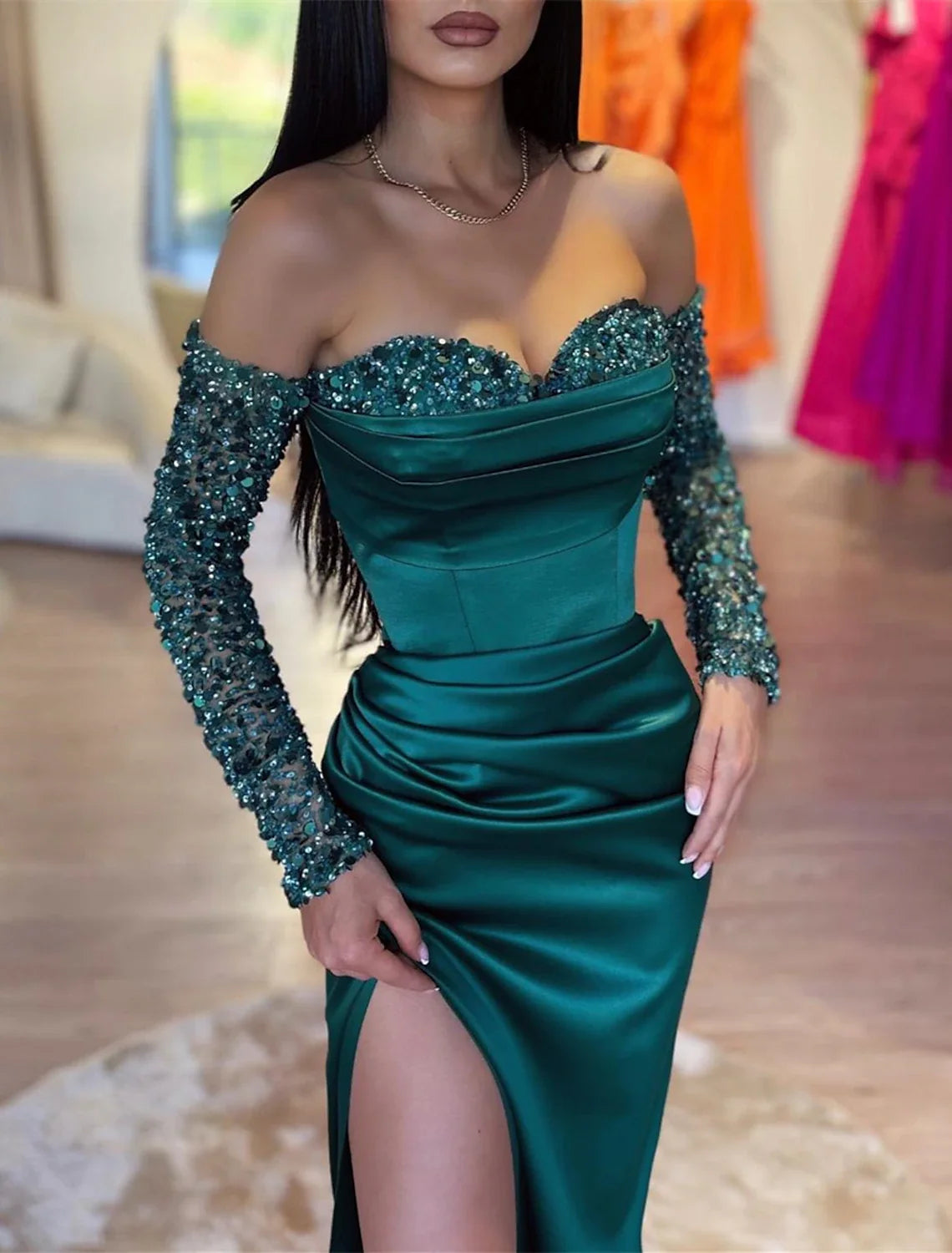 Mermaid Dress Evening Gown Christmas Red Green Dress Formal Masquerade Sweep / Brush Train Long Sleeve Off Shoulder Sequined with Ruched Sequin Slit 2026