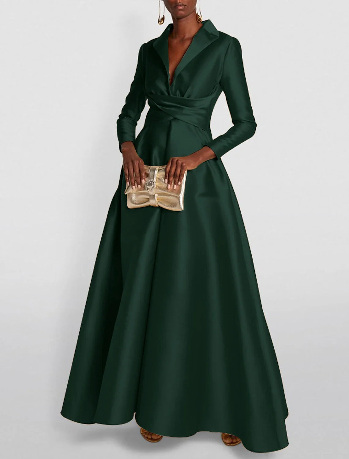 A-Line Evening Gown Elegant Christmas Red Green Dress Formal Wedding Guest Floor Length Long Sleeve Shirt Collar Satin with Ruched 2026
