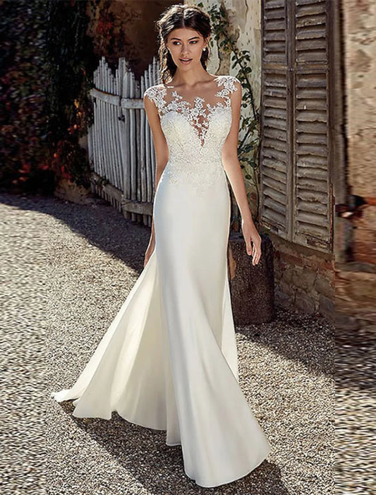 Beach Open Back Wedding Dresses Mermaid / Trumpet Illusion Neck Cap Sleeve Court Train Chiffon Outdoor Bridal Gowns With Appliques Summer Fall Wedding Party Women‘s Clothing