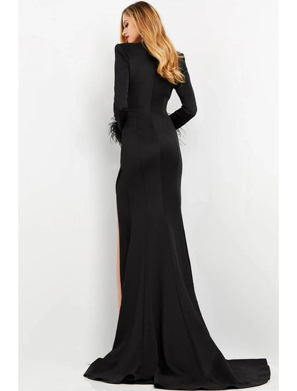 Mermaid / Trumpet Prom Dresses Maxi Dress Formal Sweep / Brush Train Long Sleeve V Neck Fabric with Feather Slit Pure Color
