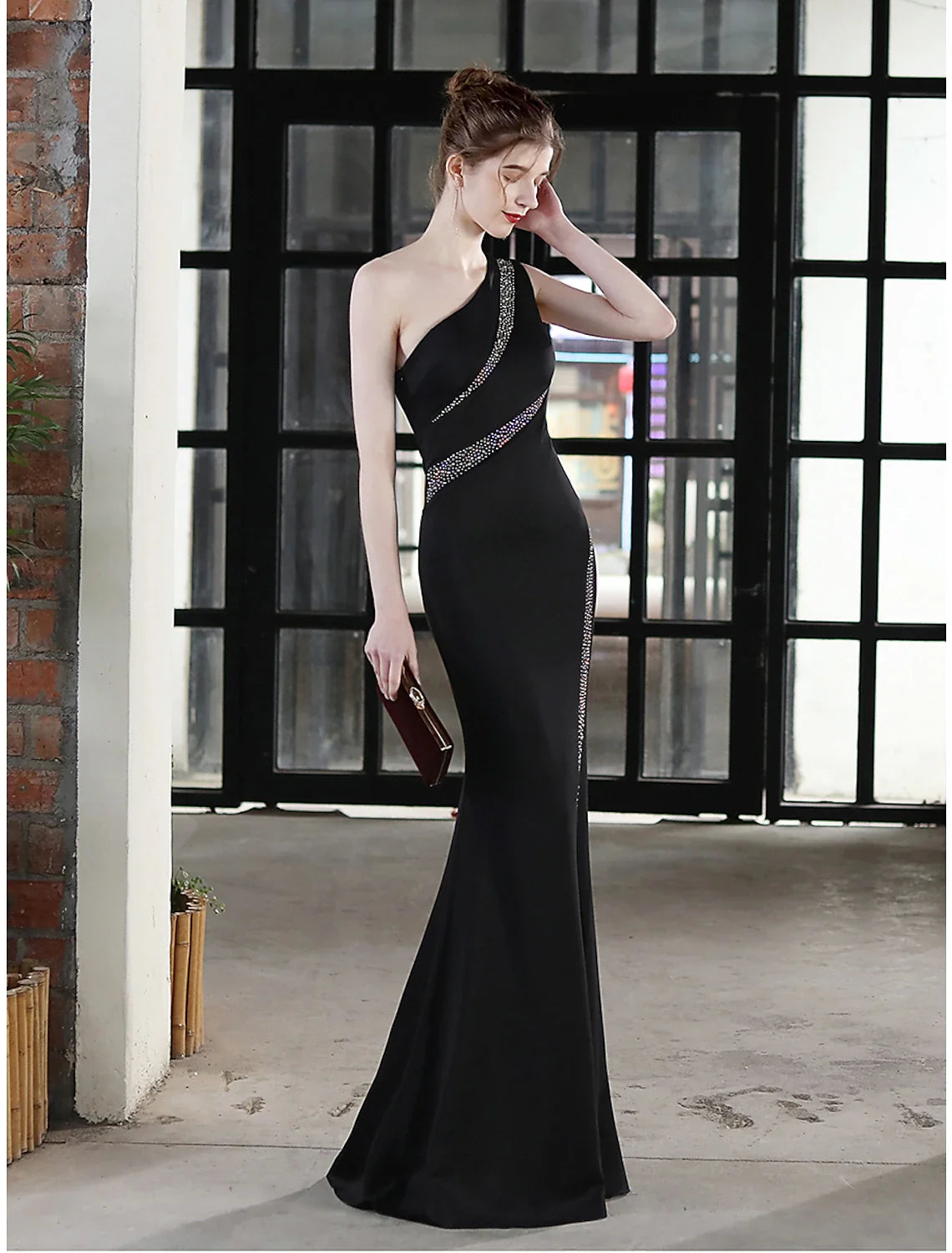 Mermaid / Trumpet Evening Gown Sexy Dress Wedding Guest Formal Evening Floor Length Sleeveless One Shoulder Satin with Crystals