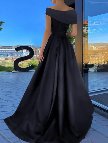 A-Line Prom Dresses Black Dress Plus Size Formal Wedding Party Floor Length Short Sleeve Off Shoulder Satin with Ruched Slit 2026