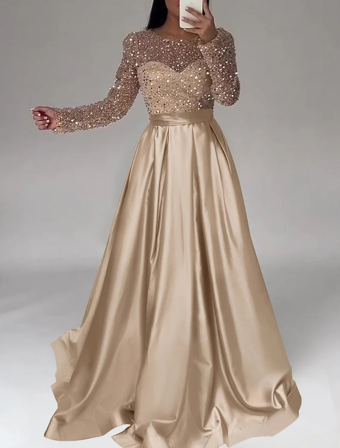 A-Line Evening Gown Sparkle Dress Wedding Black Tie Floor Length Long Sleeve Jewel Neck Satin with Sequin 2026