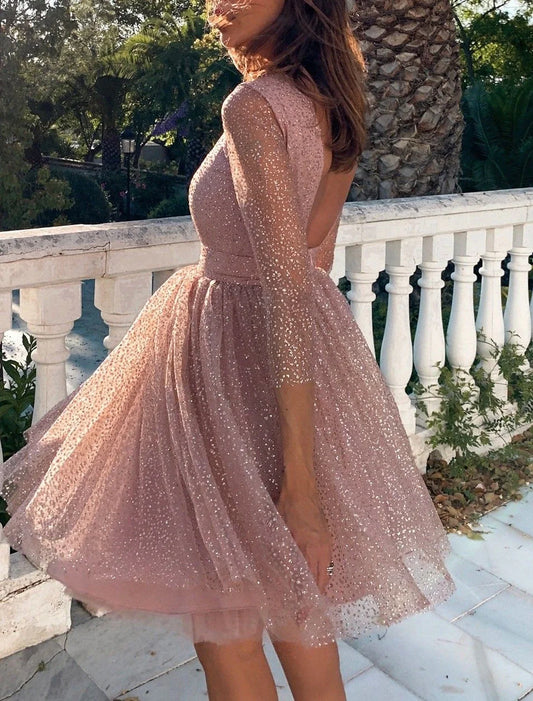 A-Line Glittering Cute Homecoming Cocktail Party Dress Dress Jewel Neck 3/4 Length Sleeve Knee Length Tulle with Pleats Sequin 2025