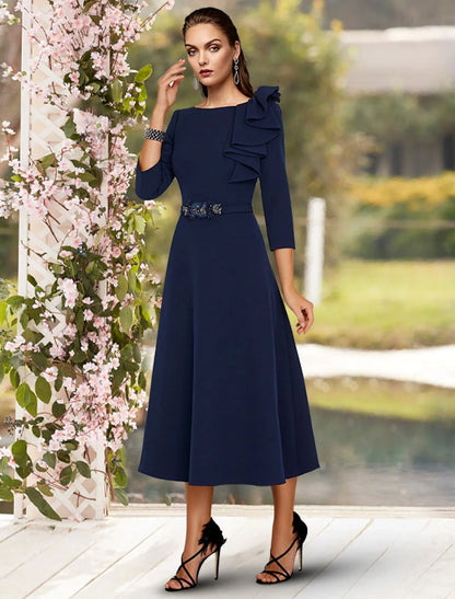 A-Line Mother of the Bride Dress Wedding Guest Elegant Jewel Neck Tea Length Fabric 3/4 Length Sleeve with Sash / Ribbon Side Draping Fall