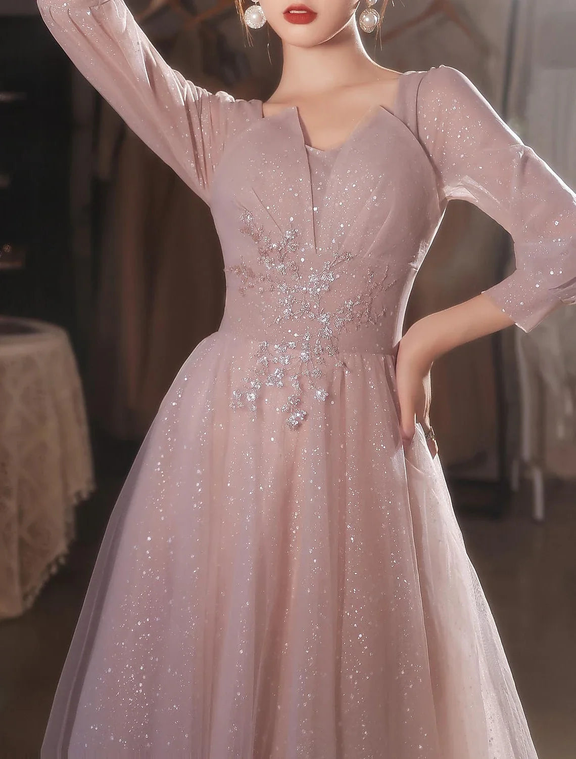 A-Line Beautiful Back Elegant Prom Formal Evening Dress V Neck V Back 3/4 Length Sleeve Floor Length Lace with Appliques 2026