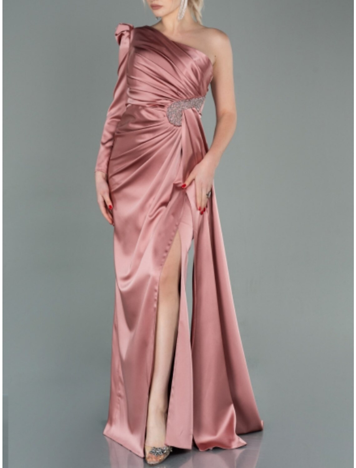 A-Line Evening Gown Elegant Dress Formal Fall Sweep / Brush Train Long Sleeve One Shoulder Satin with Ruched Sequin Slit 2026