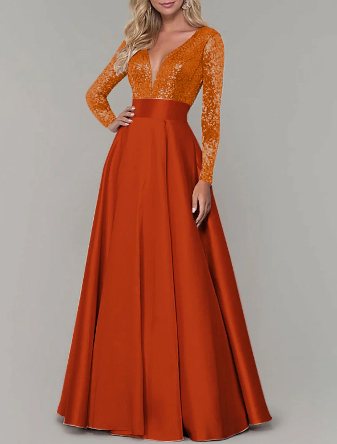 A-Line Evening Gown Elegant Dress Prom Birthday Floor Length Long Sleeve V Neck Fall Wedding Guest Satin with Pleats Sequin