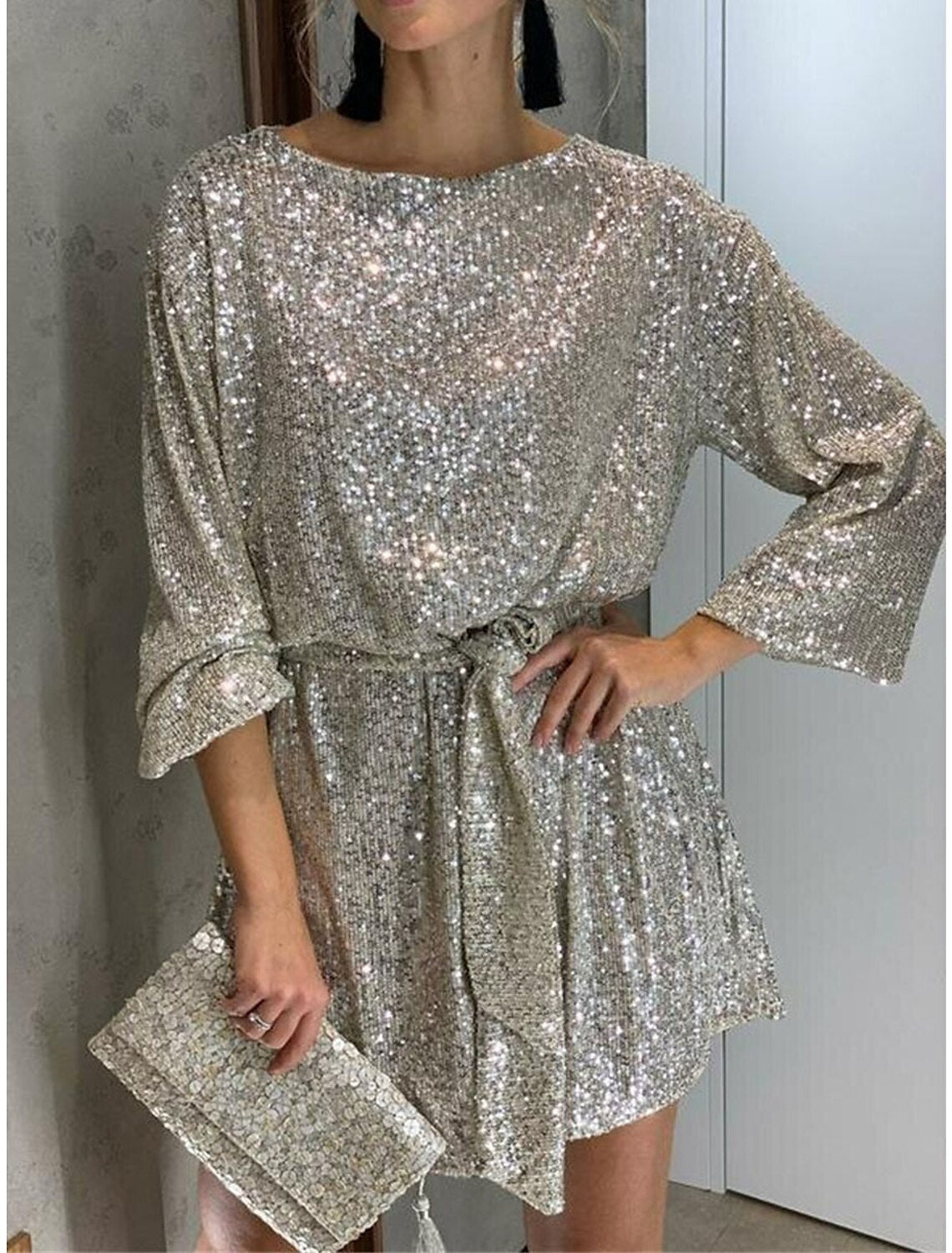 Women's Sequin Dress Party Dress Homecoming Dress Mini Dress Silver Black White Long Sleeve Pure Color Lace up Fall Winter Autumn Crew Neck Red Valentines Dress Winter Dress Valentine's Day Wedding
