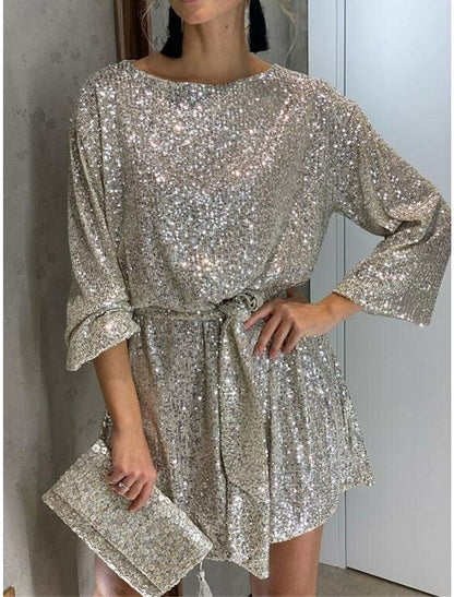 Women's Sequin Dress Party Dress Homecoming Dress Mini Dress Silver Black White Long Sleeve Pure Color Lace up Fall Winter Autumn Crew Neck Red Valentines Dress Winter Dress Valentine's Day Wedding