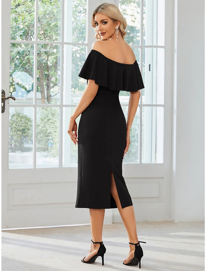 Sheath / Column Wedding Guest Dresses Minimalist Dress Party Wear Wedding Party Tea Length Short Sleeve Off Shoulder Bridesmaid Dress Fabric with Slit Pure Color