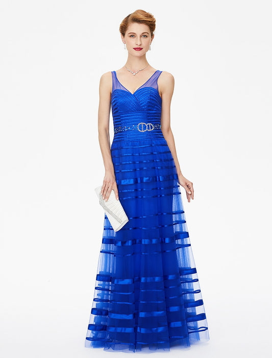 A-Line Mother of the Bride Dress Open Back Straps Floor Length Tulle Satin Sleeveless No with Beading