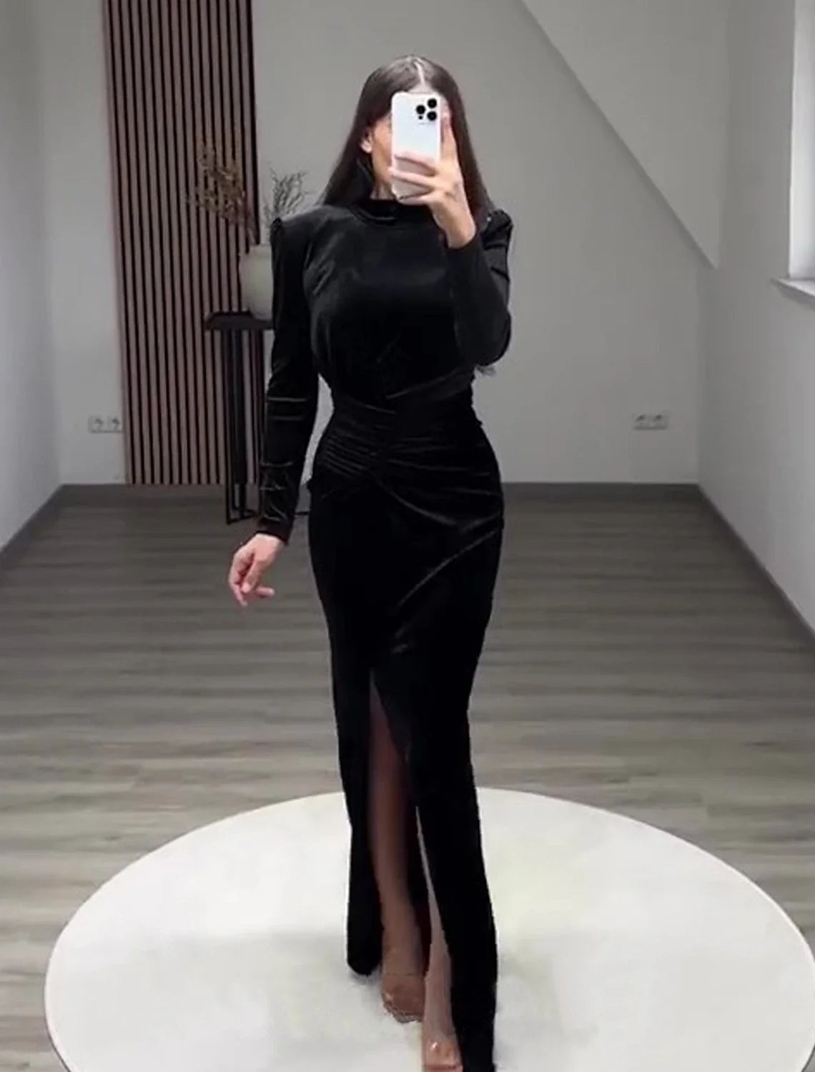 Sheath / Column Evening Gown Elegant Dress Formal Cocktail Party Floor Length Long Sleeve High Neck with Slit