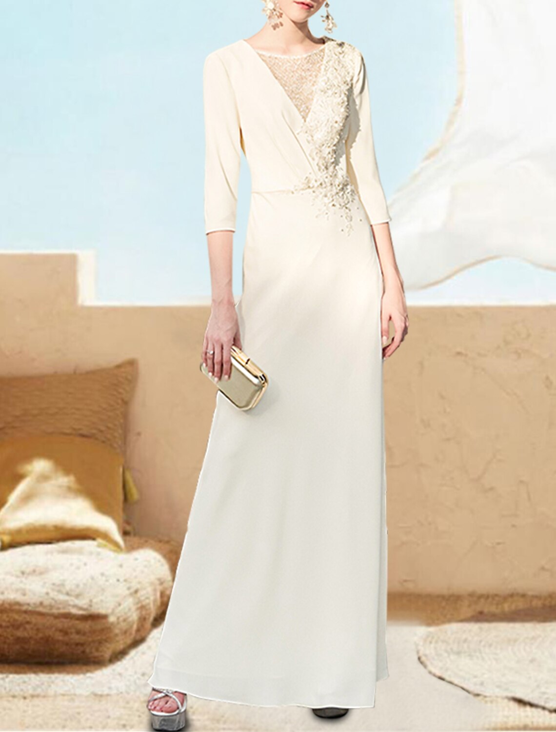 A-Line Evening Gown Elegant Dress Formal Wedding Guest Floor Length 3/4 Length Sleeve V Neck Chiffon with Appliques Pure Color 2026