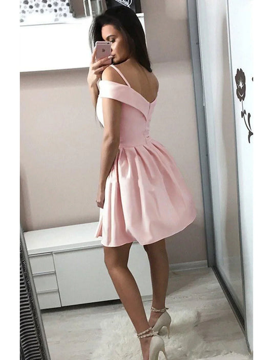 A-Line Cocktail Dresses Minimalist Dress Homecoming Party Wear Knee Length Sleeveless V Neck Pink Dress Fabric with Pleats