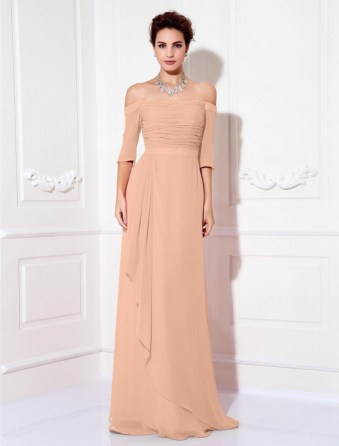 Sheath / Column Minimalist Dress Wedding Guest Formal Evening Sweep / Brush Train Half Sleeve Off Shoulder Bridesmaid Dress Chiffon with Ruched Draping 2025