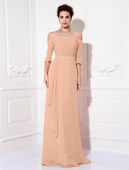 Sheath / Column Minimalist Dress Wedding Guest Formal Evening Sweep / Brush Train Half Sleeve Off Shoulder Bridesmaid Dress Chiffon with Ruched Draping 2025