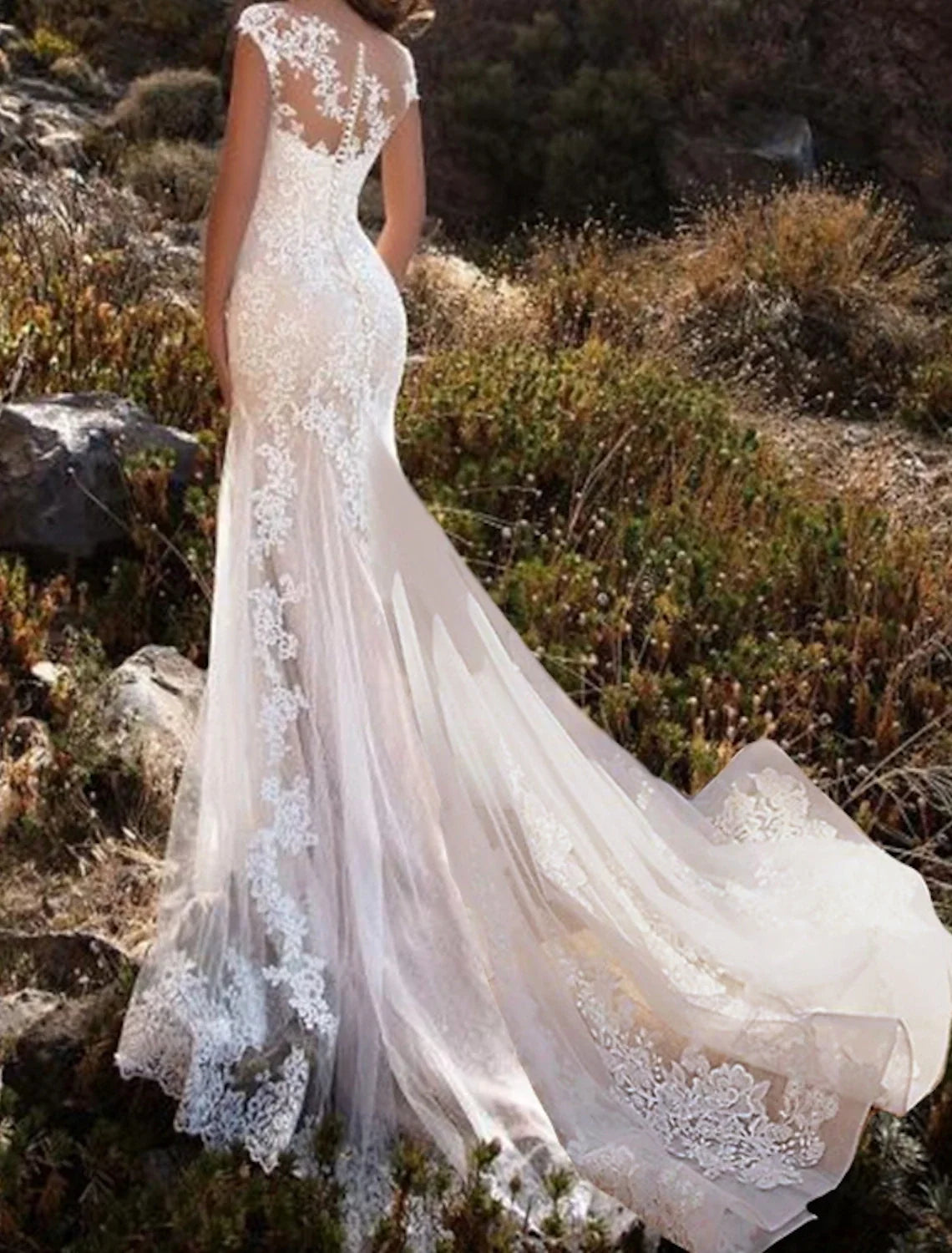 Engagement Formal Wedding Dresses Mermaid / Trumpet Illusion Neck Cap Sleeve Chapel Train Lace Bridal Gowns With Lace Insert Appliques