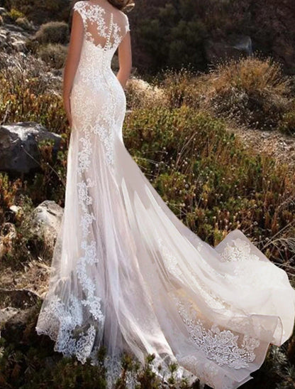 Engagement Formal Wedding Dresses Mermaid / Trumpet Illusion Neck Cap Sleeve Chapel Train Lace Bridal Gowns With Lace Insert Appliques
