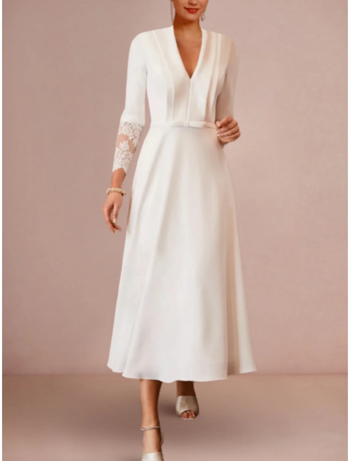Little White Dresses Wedding Dresses A-Line V Neck Long Sleeve Tea Length Fabric Bridal Gowns With Bow(s) Solid Color