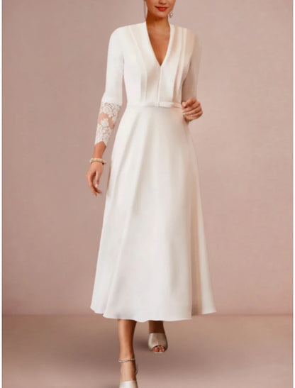 Little White Dresses Wedding Dresses A-Line V Neck Long Sleeve Tea Length Fabric Bridal Gowns With Bow(s) Solid Color