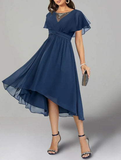 A-Line Wedding Guest Dresses Open Back Dress Cocktail Party Tea Length Short Sleeve Jewel Neck Chiffon Backless with Beading 2026