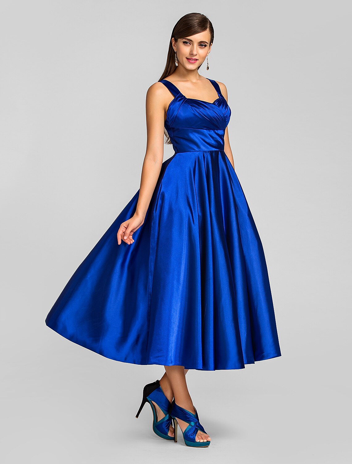 A-Line Minimalist Dress Wedding Guest Cocktail Party Tea Length Sleeveless Square Neck Satin with Criss Cross