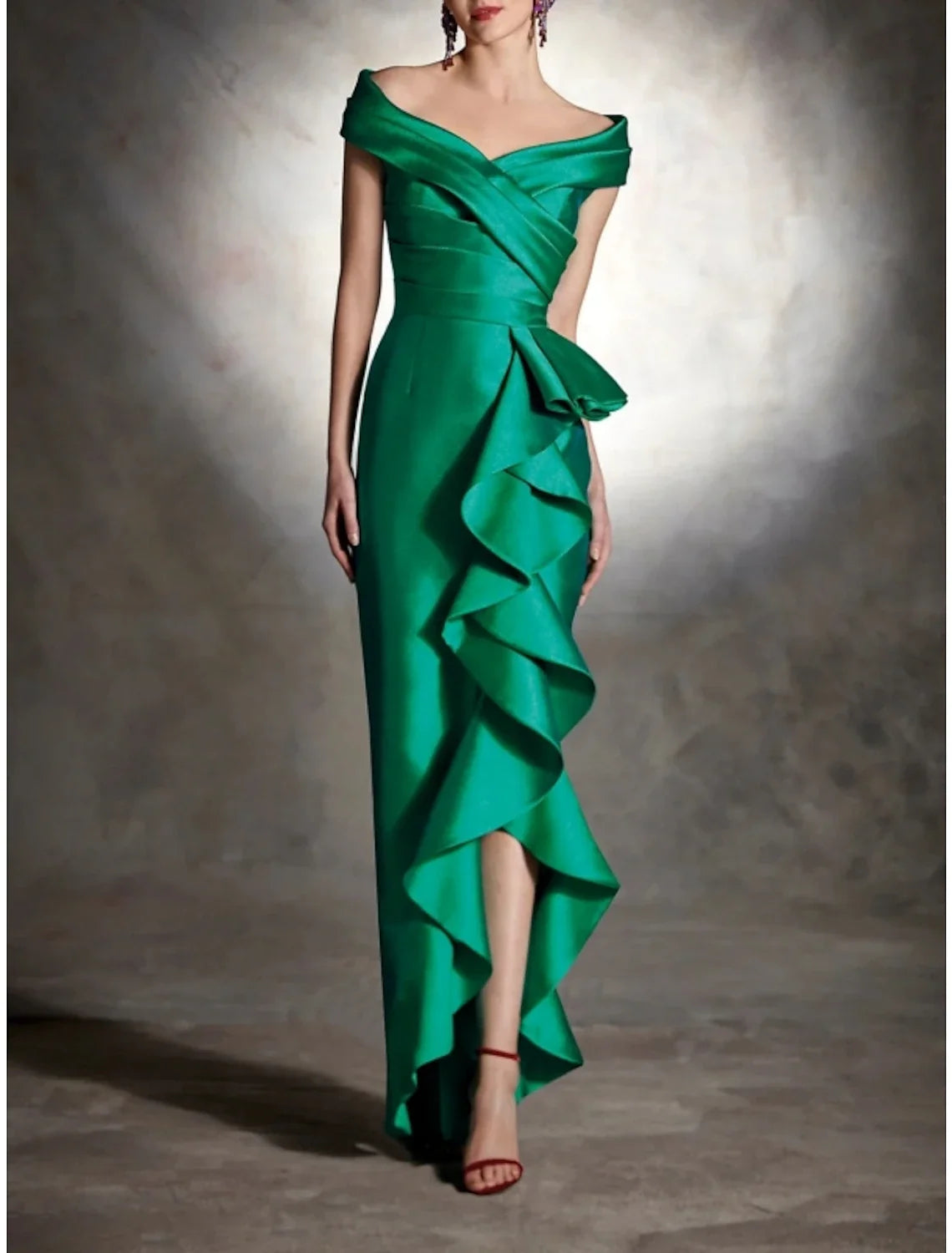 Sheath Formal Dress Cocktail Dresses Christmas Red Green Dress Vintage Dress Formal Wedding Guest Asymmetrical Sleeveless Off Shoulder Satin with Ruffles 2026
