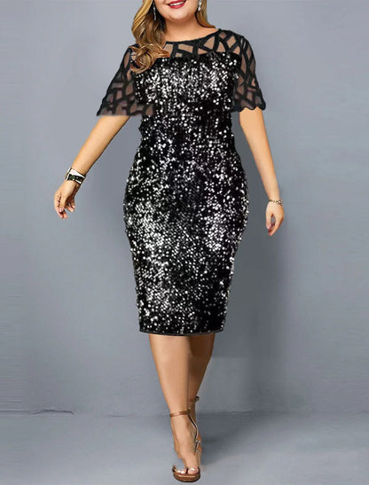 Sheath Formal Dress Red Green Dresses Plus Size Dress Wedding Wedding Guest Knee Length Short Sleeve Jewel Neck Sequined with Sequin