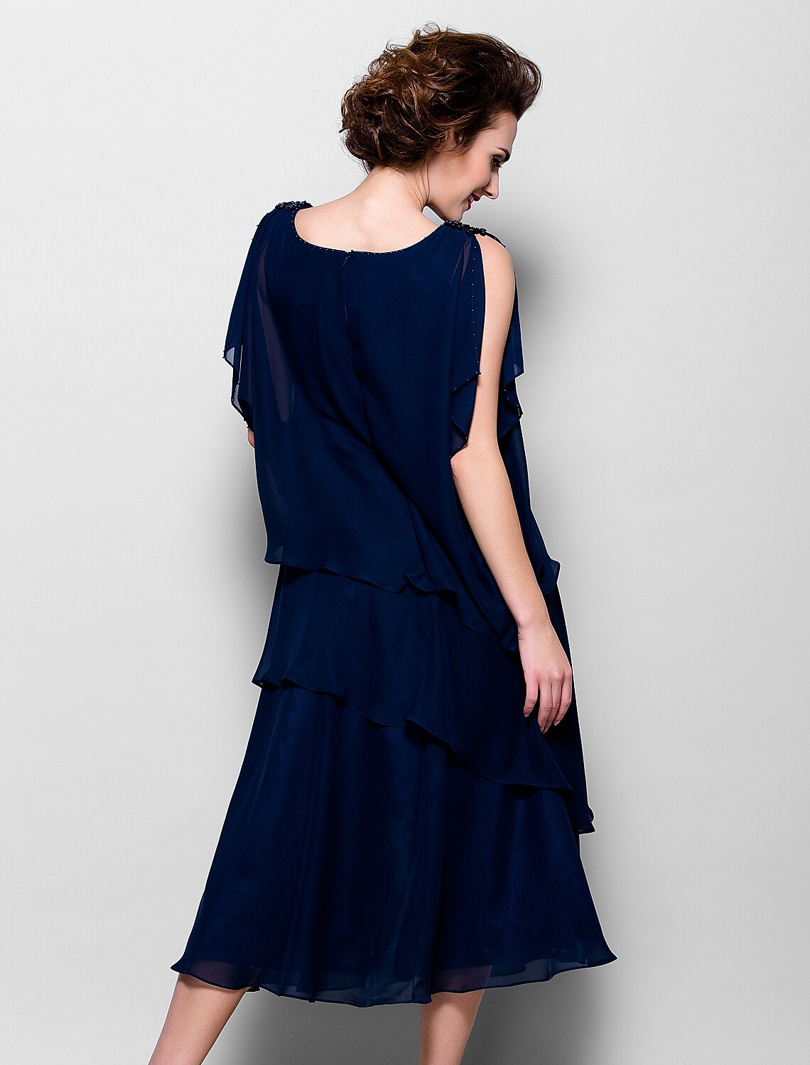 A-Line Mother of the Bride Dress Plus Size Elegant Cowl Neck Tea Length Chiffon Short Sleeve with Ruffles Crystal Brooch A-Line Mother of the Bride Dress Plus Size Elegant Cowl Neck Tea Length Chiffon Short Sleeve with Ruffles Crystal Brooch