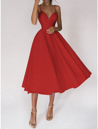 A-Line Homecoming Dresses Open Back Dress Wedding Guest Holiday Tea Length Sleeveless Spaghetti Strap Spandex Backless with Pleats