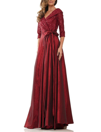 A-Line Evening Gown Elegant Dress Formal Black Dress Plus Size Floor Length Half Sleeve V Neck Satin with Bow(s) Pleats Sequin 2026