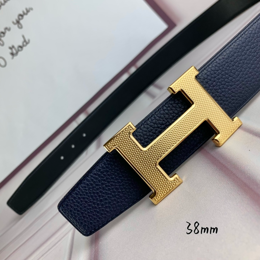 HERMES BELT TOGO SWIFT GOLD BUCKLE BLUE 38MM