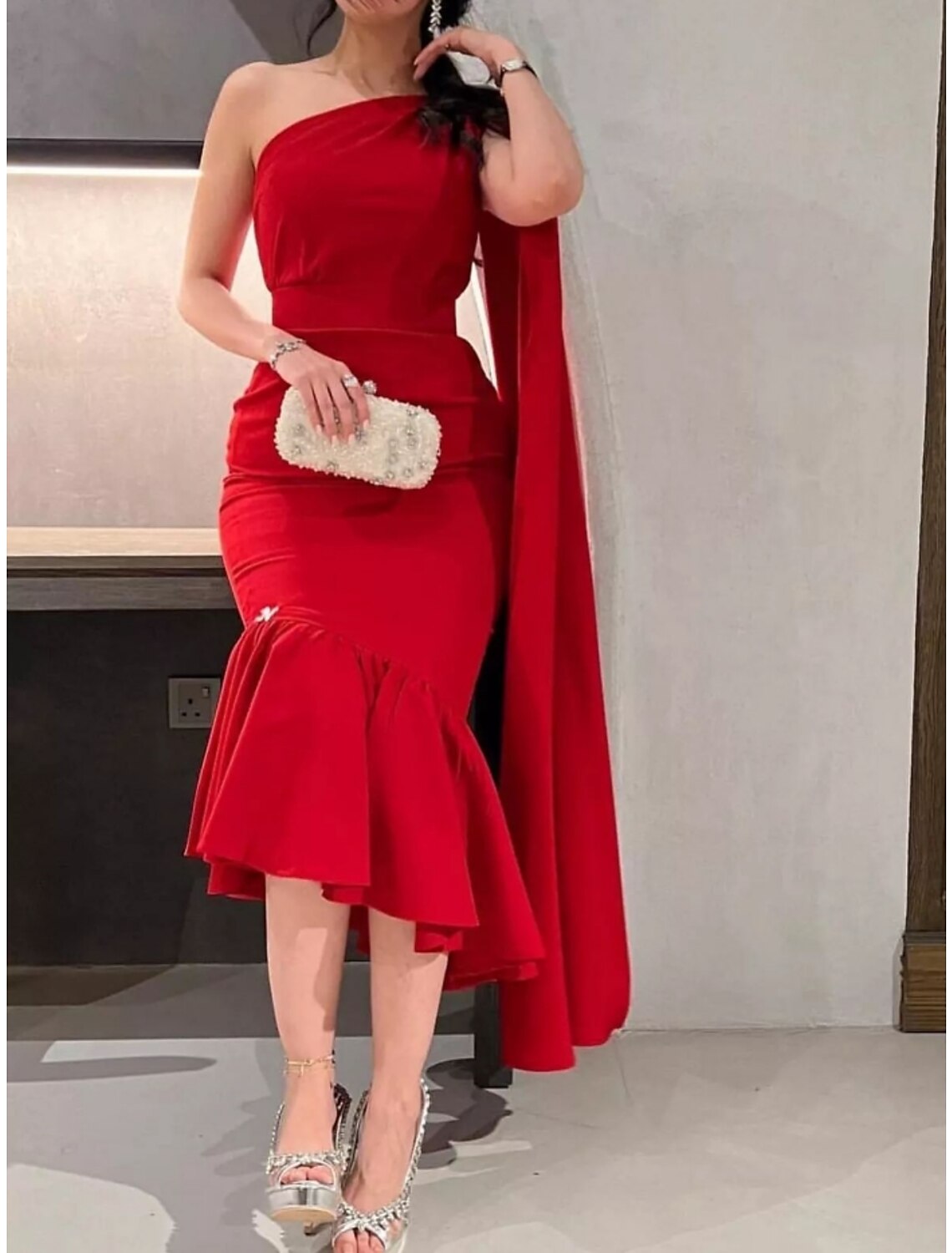 Mermaid / Trumpet Evening Gown Christmas Elegant Dress Formal Asymmetrical Sleeveless One Shoulder Chiffon with Pleats Ruched