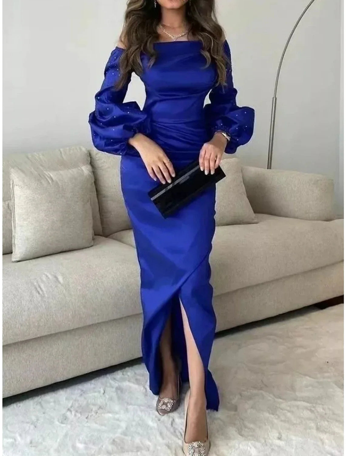 Mermaid / Trumpet Evening Gown Elegant Dress Formal Floor Length Long Sleeve Square Neck Satin with Ruched Sequin Slit 2026