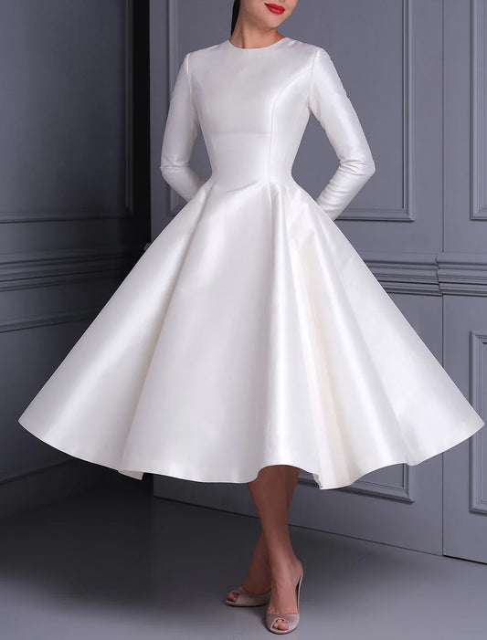 Ball Gown Cocktail Dresses Cute Dress Wedding Tea Length Long Sleeve Jewel Neck Fall Wedding Guest Satin with Pleats Pure Color 2026