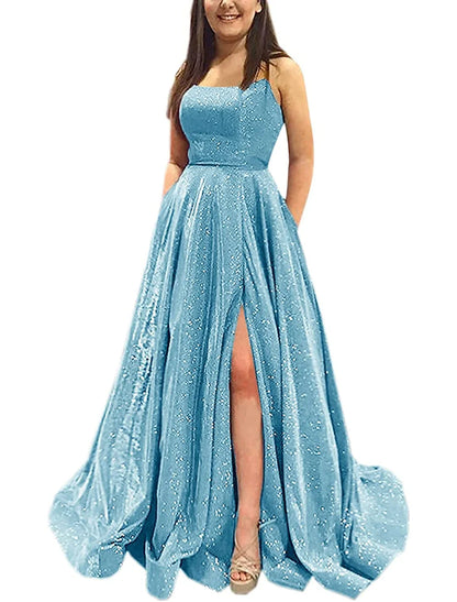 A-Line Prom Dresses Sparkle & Shine Dress Formal Prom Floor Length Sleeveless Strapless Pocket Satin Backless with Slit Pocket