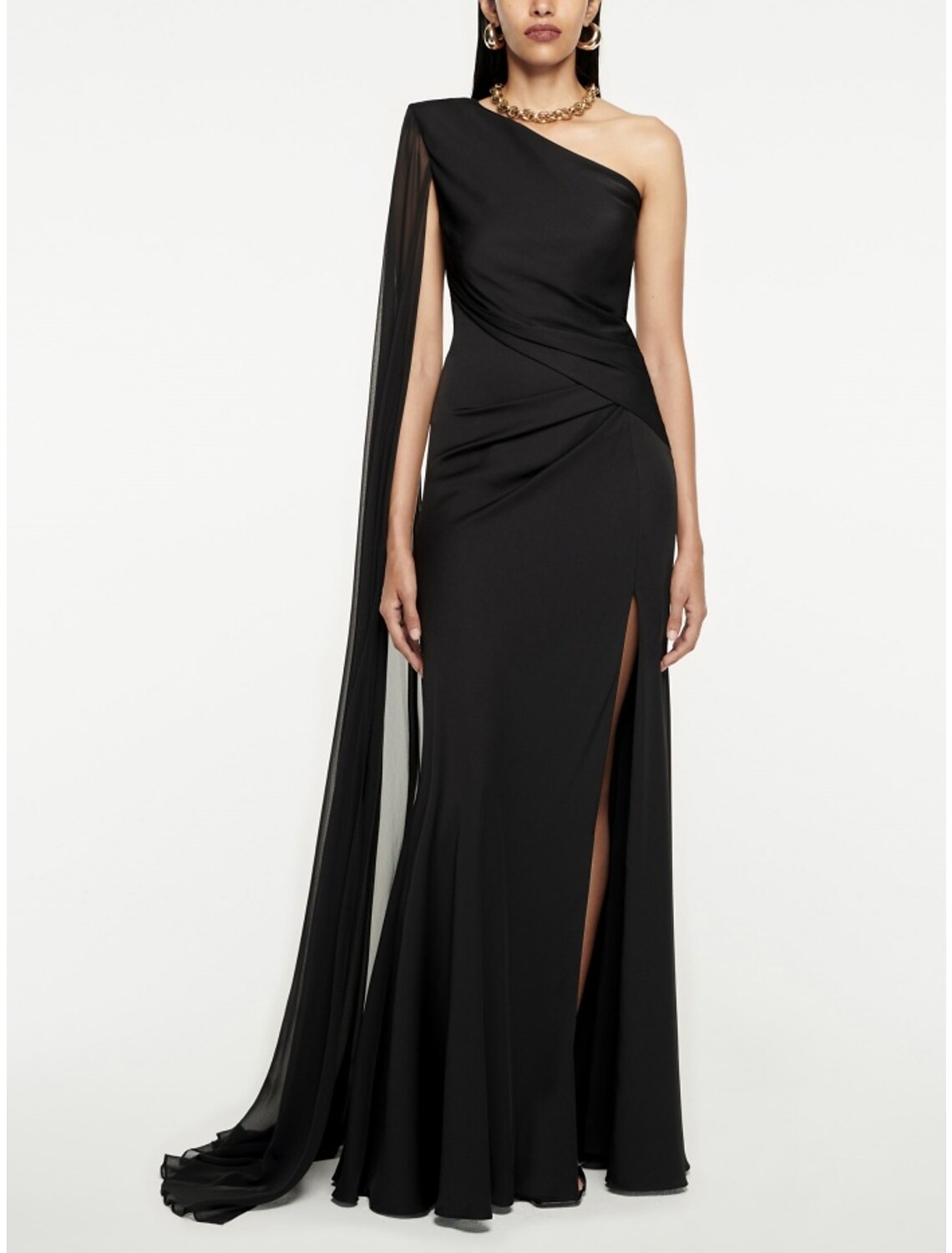 A-Line Evening Gown Elegant Dress Formal Sweep / Brush Train Black Dress Sleeveless One Shoulder Imitation Silk with Pleats Ruched Slit