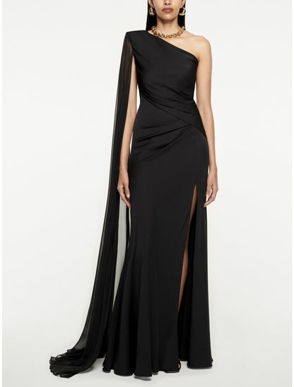 A-Line Evening Gown Elegant Dress Formal Sweep / Brush Train Black Dress Sleeveless One Shoulder Imitation Silk with Pleats Ruched Slit