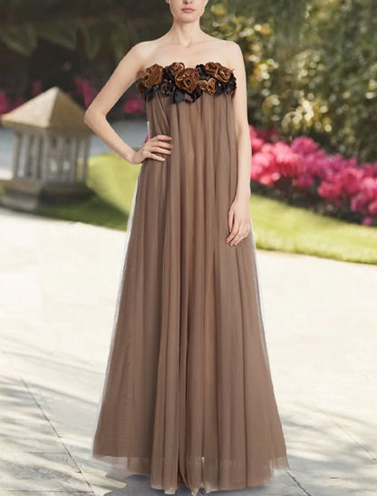 A-Line Evening Gown Elegant Dress Wedding Guest Prom Floor Length Sleeveless Strapless Chiffon with Pleats Appliques Pure Color