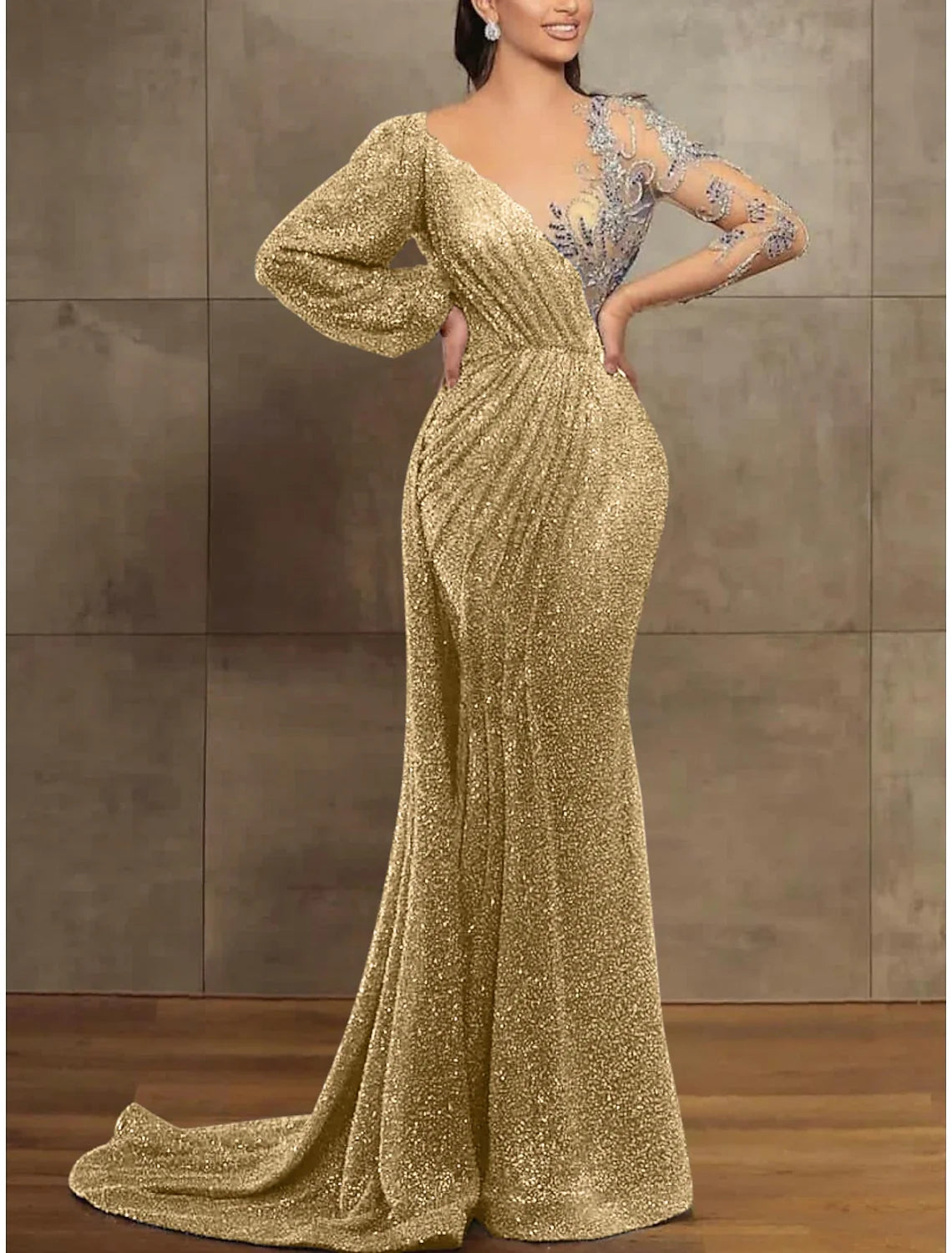 Sequin Mermaid / Trumpet Evening Gown Champagne Gold Elegant Dress Formal Christmas Red Green Dress Court Train Long Sleeve Illusion Neck Sequined with Pleats 2026