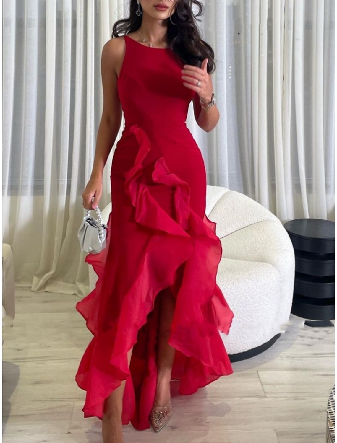 A-Line Evening Gown Elegant Dress Formal Ankle Length Christmas Red Green Dress Sleeveless Scoop Neck Chiffon with Ruffles Slit